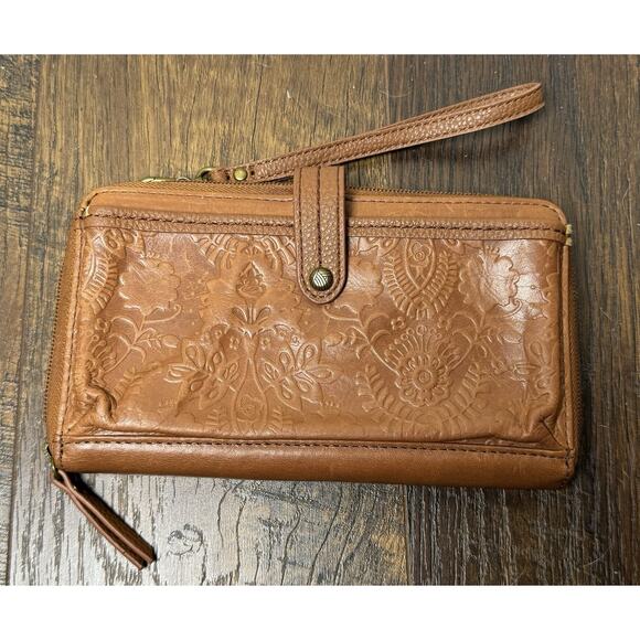 The Sak Handbags - The Sak Iris Tobacco Leaf Phone Wallet Brown Tooled Leather Organizer Wristlet
